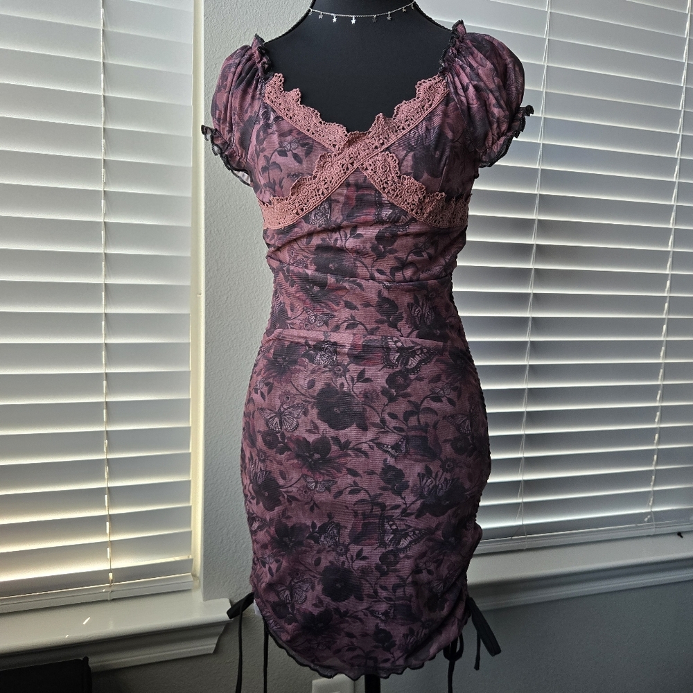 Floral/Butterfly Off Shoulder Lace Trim Dress - Mauve and Black